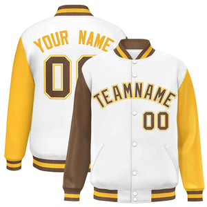 Custom White Light Brown-Gold Varsity Full-Snap Raglan Sleeves Letterman Baseball Jacket