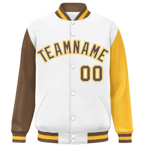 Custom White Light Brown-Gold Varsity Full-Snap Raglan Sleeves Letterman Baseball Jacket