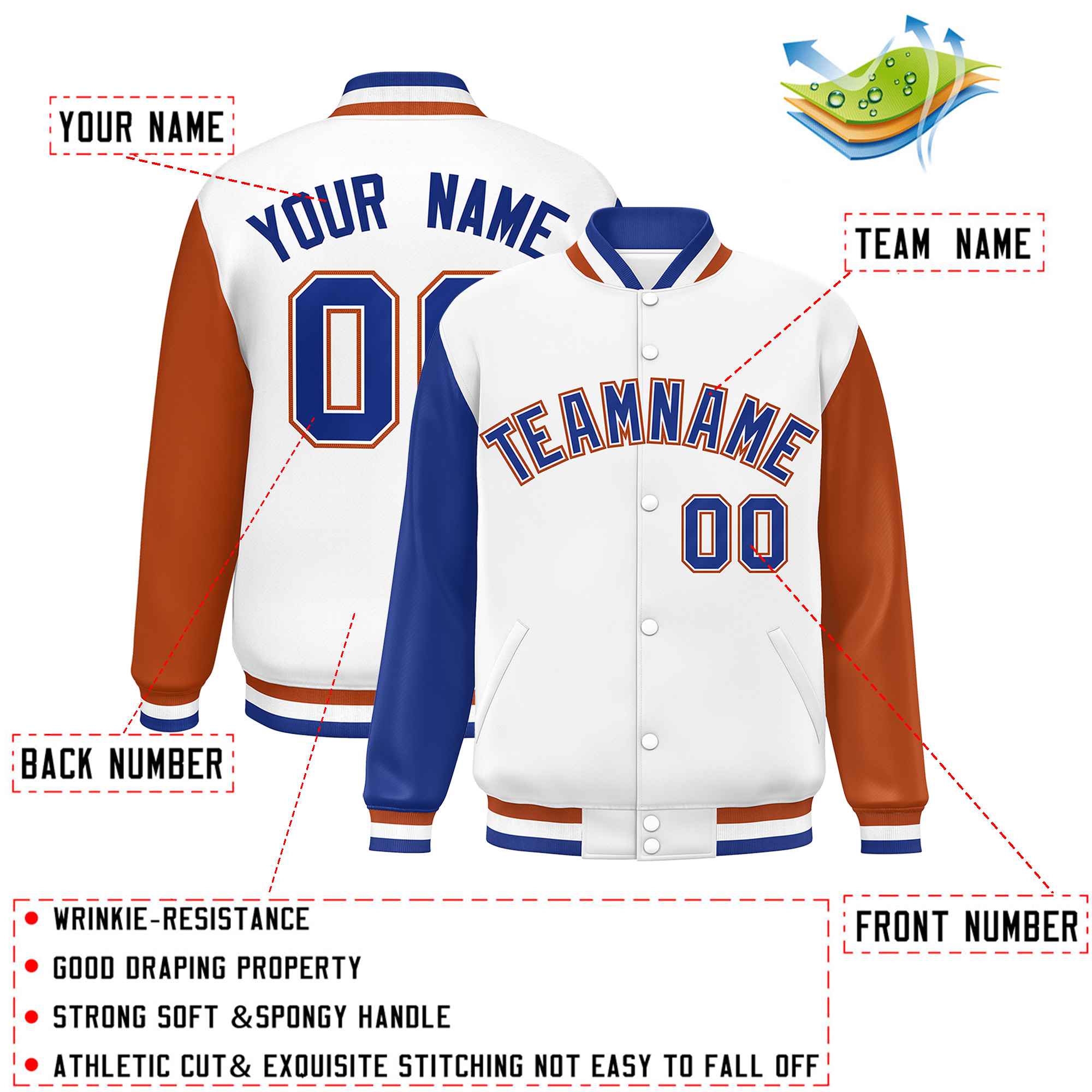 Custom White Royal-Texas Orange Varsity Full-Snap Raglan Sleeves Letterman Baseball Jacket