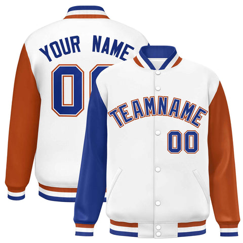 Custom White Royal-Texas Orange Varsity Full-Snap Raglan Sleeves Letterman Baseball Jacket