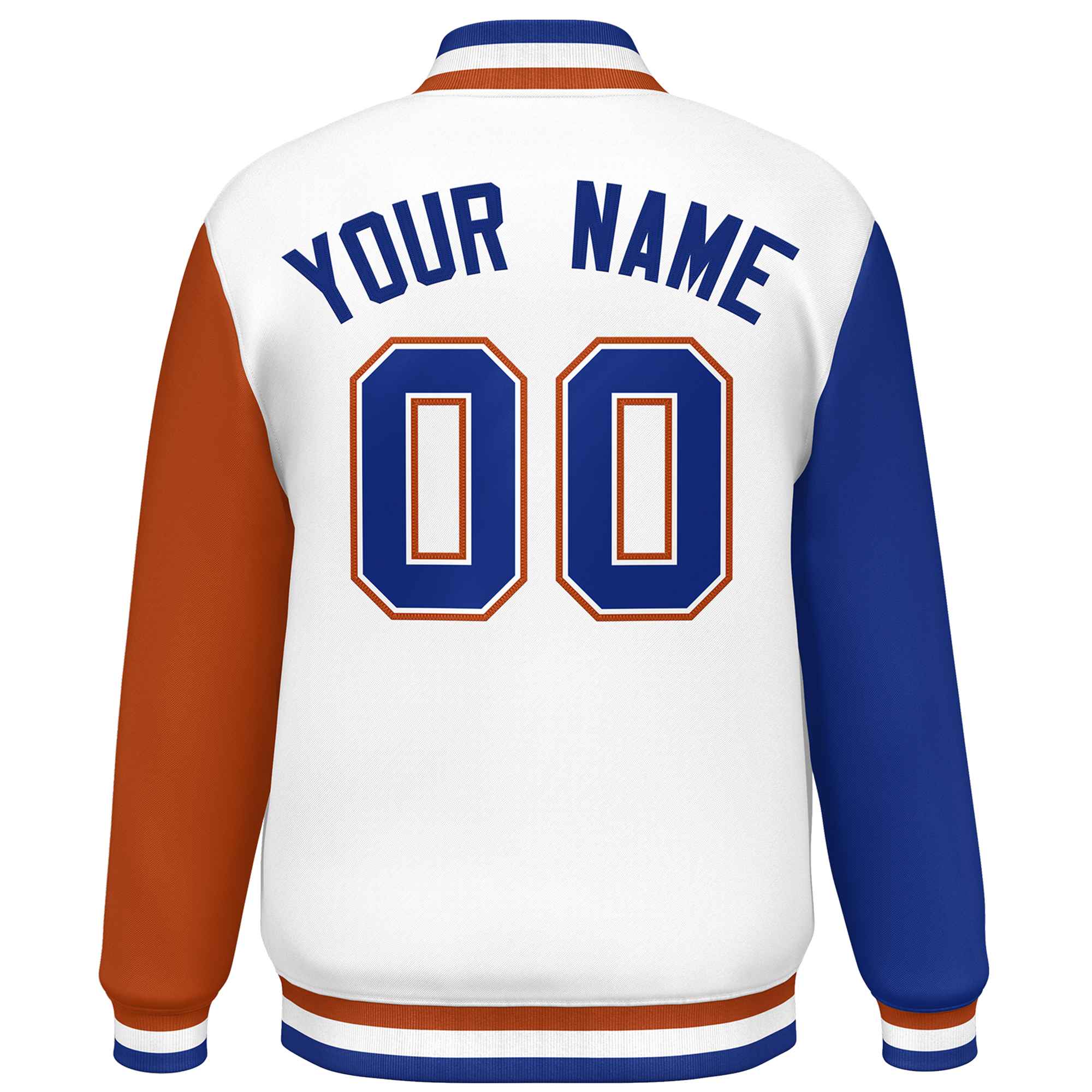 Custom White Royal-Texas Orange Varsity Full-Snap Raglan Sleeves Letterman Baseball Jacket