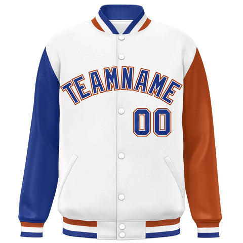 Custom White Royal-Texas Orange Varsity Full-Snap Raglan Sleeves Letterman Baseball Jacket