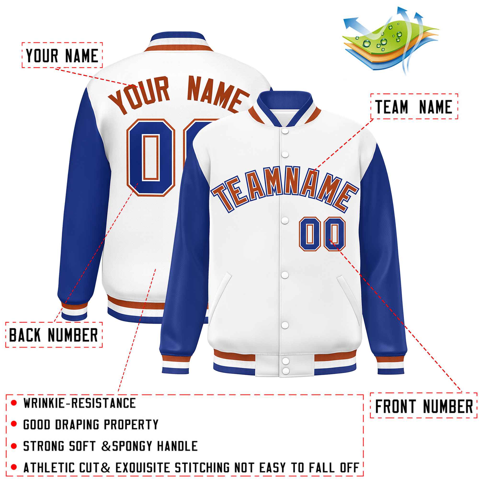 Custom White Royal Varsity Full-Snap Raglan Sleeves Letterman Baseball Jacket