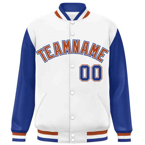 Custom White Royal Varsity Full-Snap Raglan Sleeves Letterman Baseball Jacket