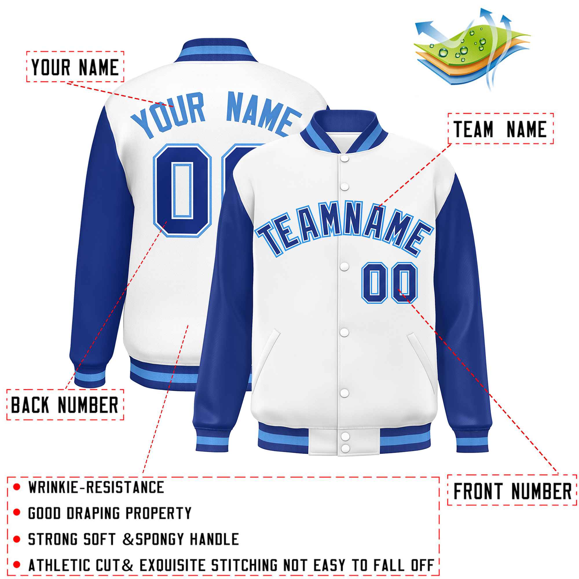 Custom White Royal Varsity Full-Snap Raglan Sleeves Letterman Baseball Jacket