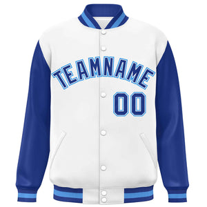 Custom White Royal Varsity Full-Snap Raglan Sleeves Letterman Baseball Jacket