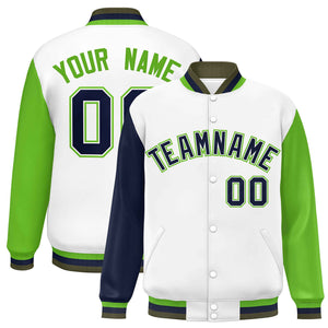 Custom White Navy-Green Varsity Full-Snap Raglan Sleeves Letterman Baseball Jacket