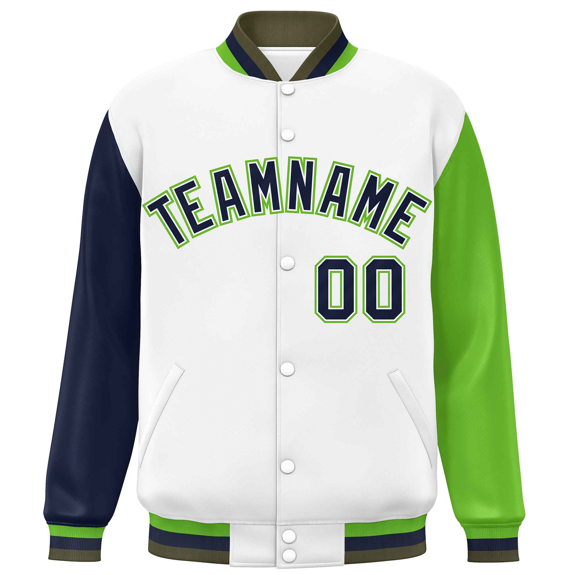 Custom White Navy-Green Varsity Full-Snap Raglan Sleeves Letterman Baseball Jacket