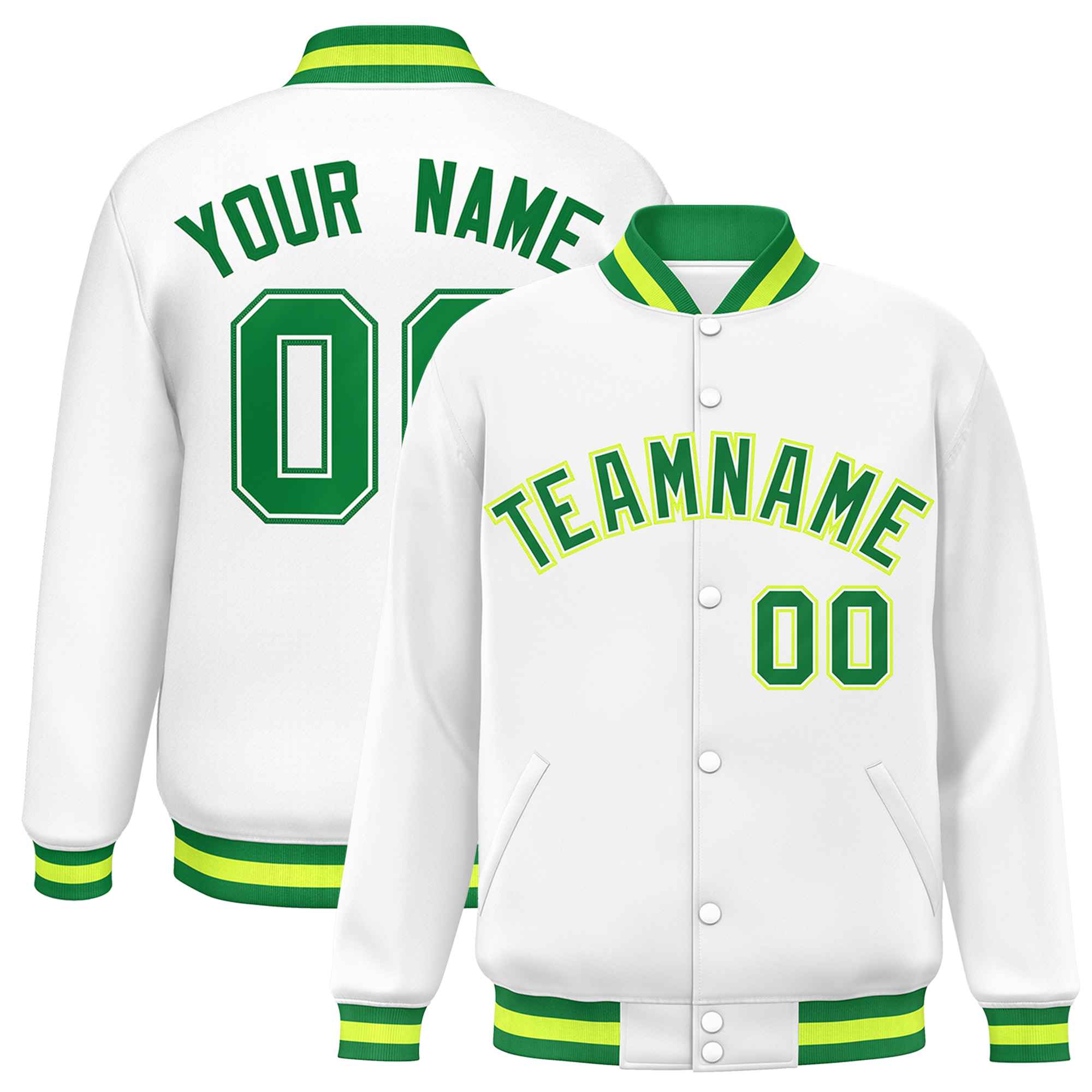 Custom White Kelly Green Varsity Full-Snap Classic Style Letterman Baseball Jacket