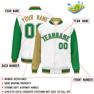 Custom White Old Gold-Kelly Green Varsity Full-Snap Raglan Sleeves Letterman Baseball Jacket