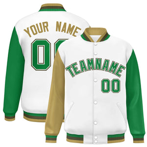 Custom White Old Gold-Kelly Green Varsity Full-Snap Raglan Sleeves Letterman Baseball Jacket