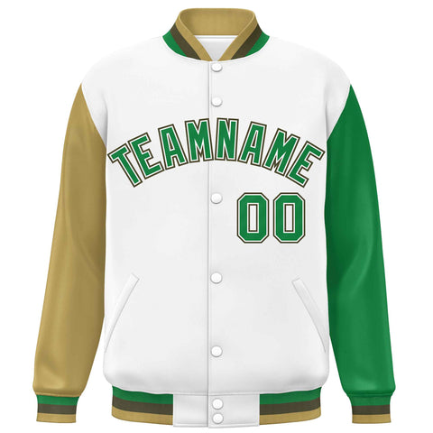 Custom White Old Gold-Kelly Green Varsity Full-Snap Raglan Sleeves Letterman Baseball Jacket