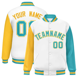 Custom White Gold-Aqua Varsity Full-Snap Raglan Sleeves Letterman Baseball Jacket