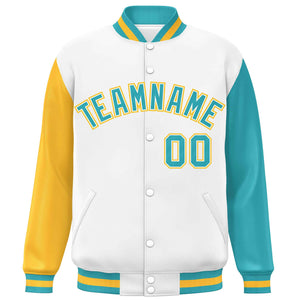 Custom White Gold-Aqua Varsity Full-Snap Raglan Sleeves Letterman Baseball Jacket