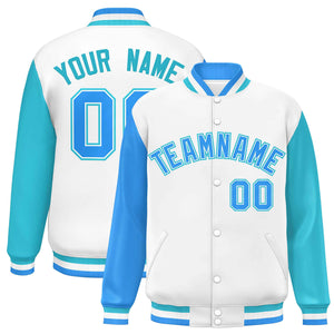 Custom White Powder Blue-Sky Blue Varsity Full-Snap Raglan Sleeves Letterman Baseball Jacket