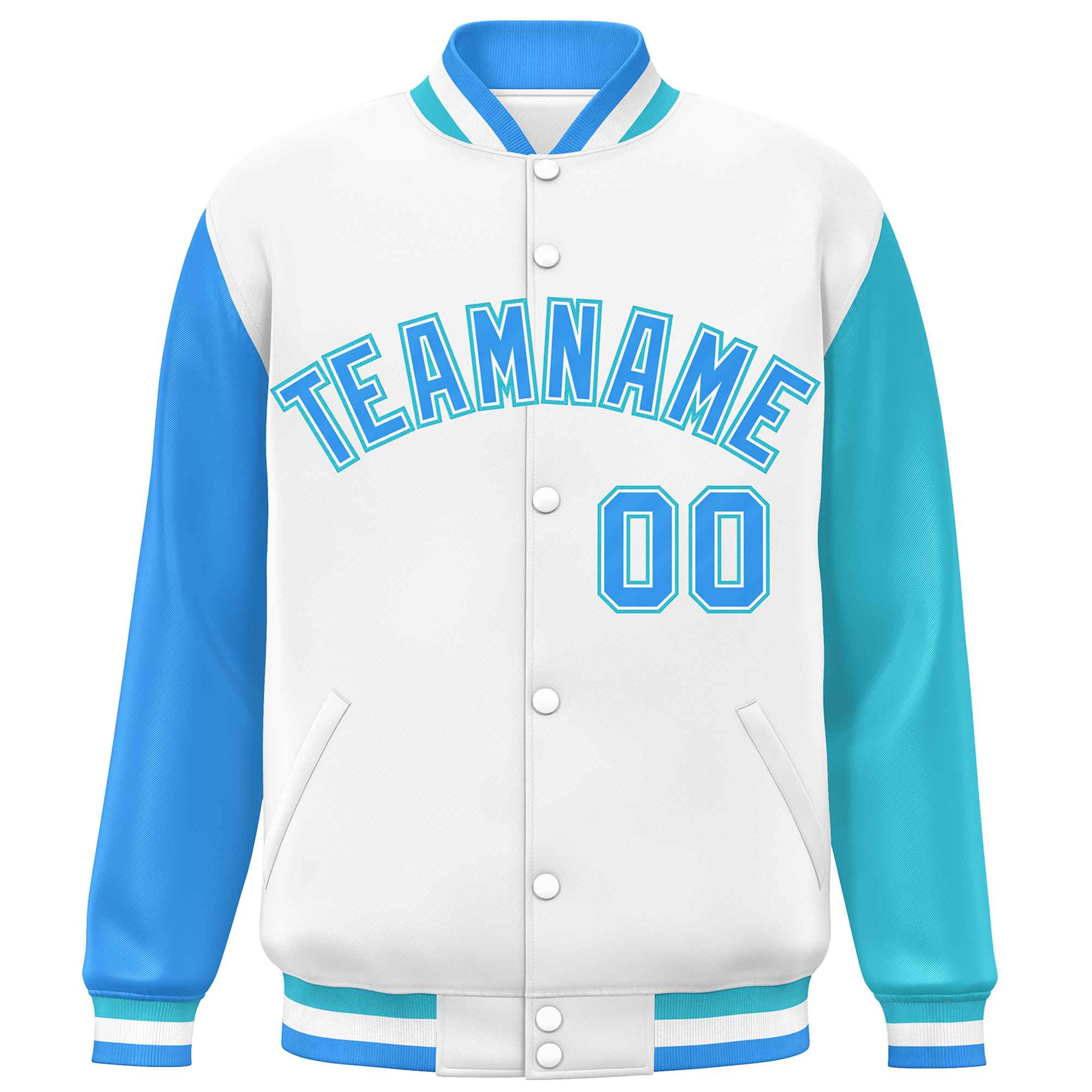 Custom White Powder Blue-Sky Blue Varsity Full-Snap Raglan Sleeves Letterman Baseball Jacket