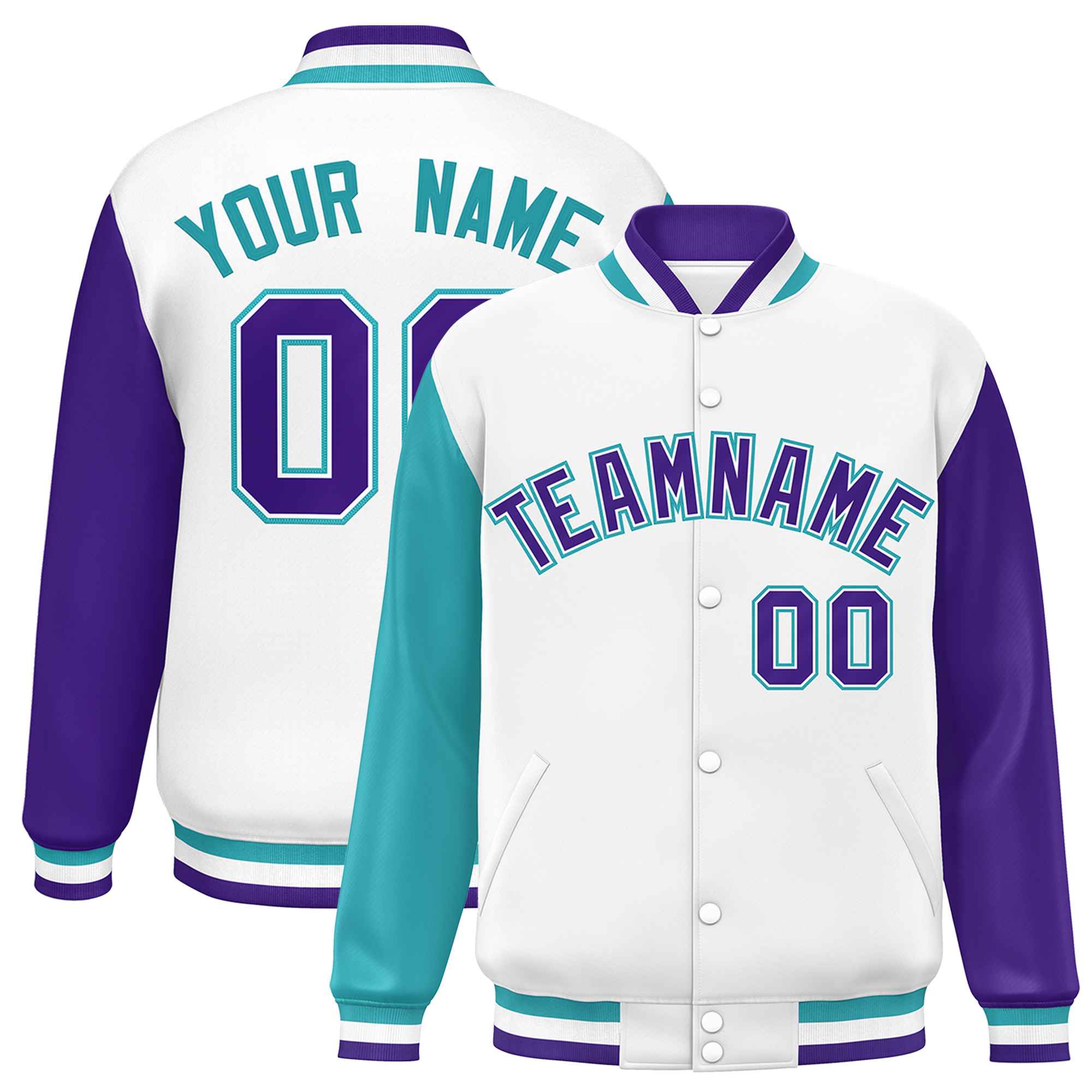 Custom White Aqua-Purple Varsity Full-Snap Raglan Sleeves Letterman Baseball Jacket