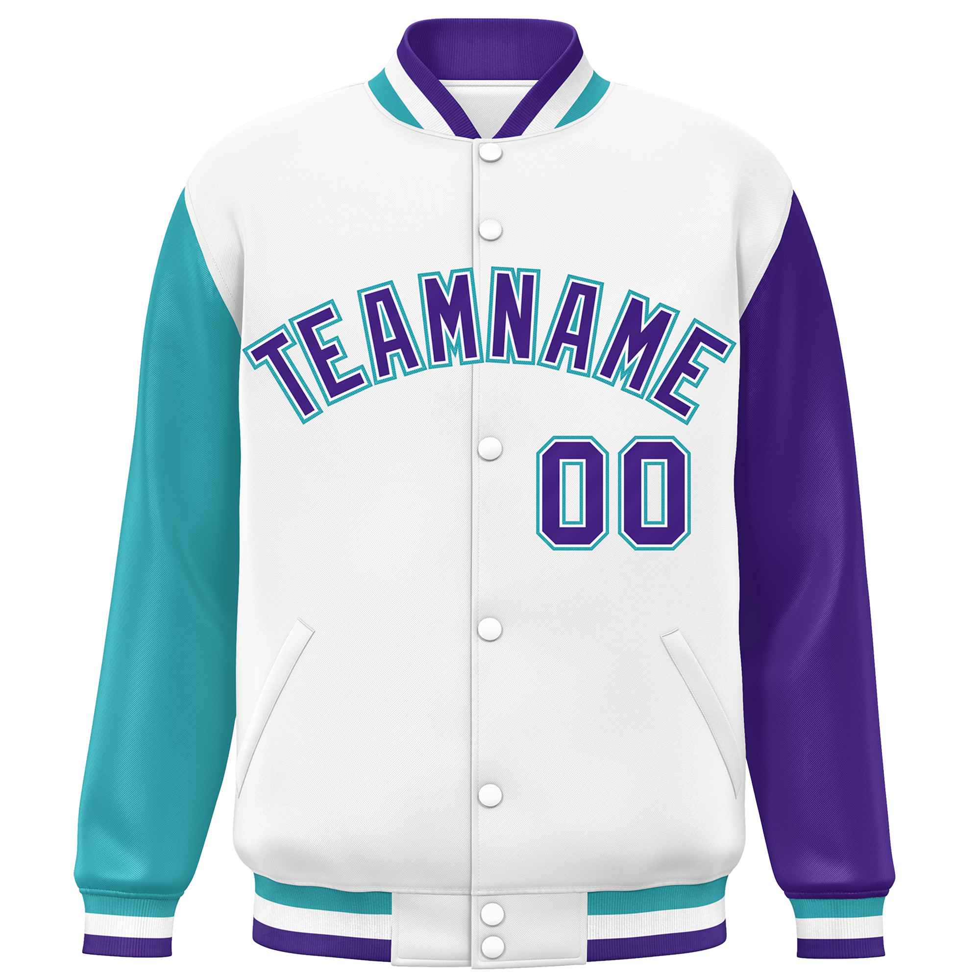 Custom White Aqua-Purple Varsity Full-Snap Raglan Sleeves Letterman Baseball Jacket