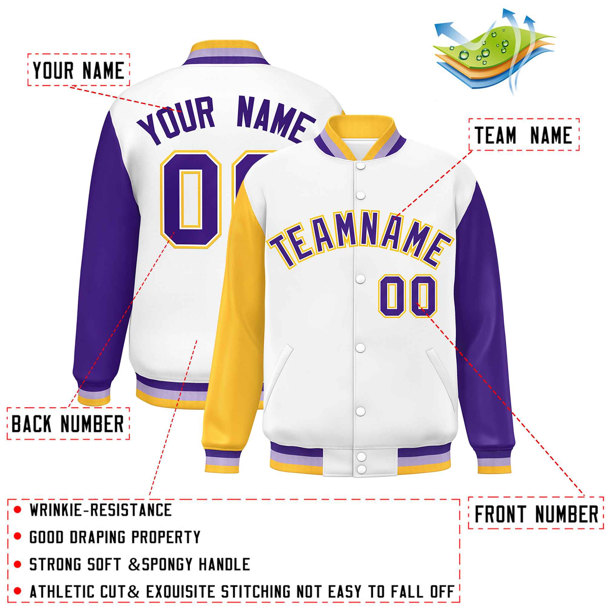 Custom White Gold-Purple Varsity Full-Snap Raglan Sleeves Letterman Baseball Jacket