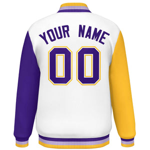 Custom White Gold-Purple Varsity Full-Snap Raglan Sleeves Letterman Baseball Jacket