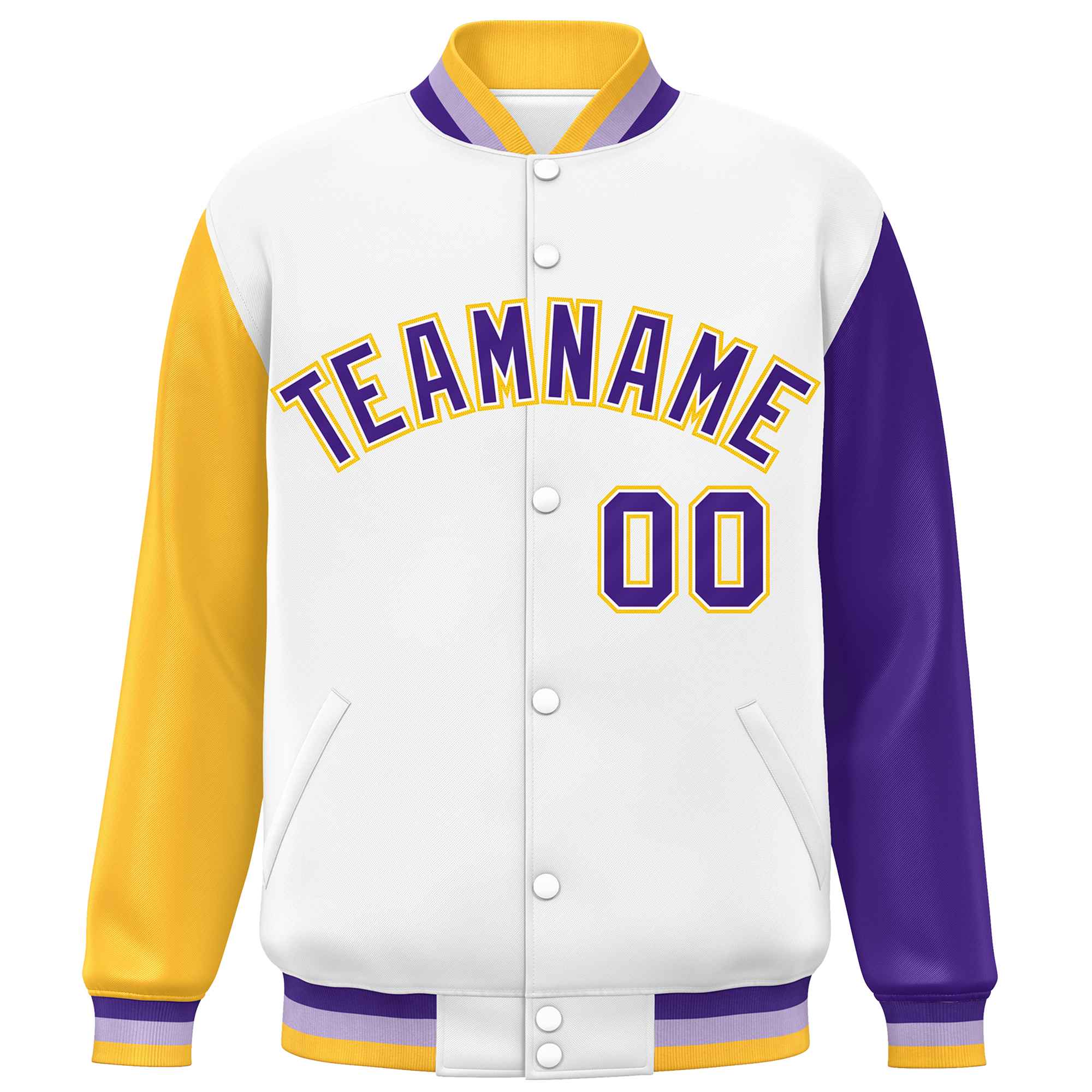 Custom White Gold-Purple Varsity Full-Snap Raglan Sleeves Letterman Baseball Jacket