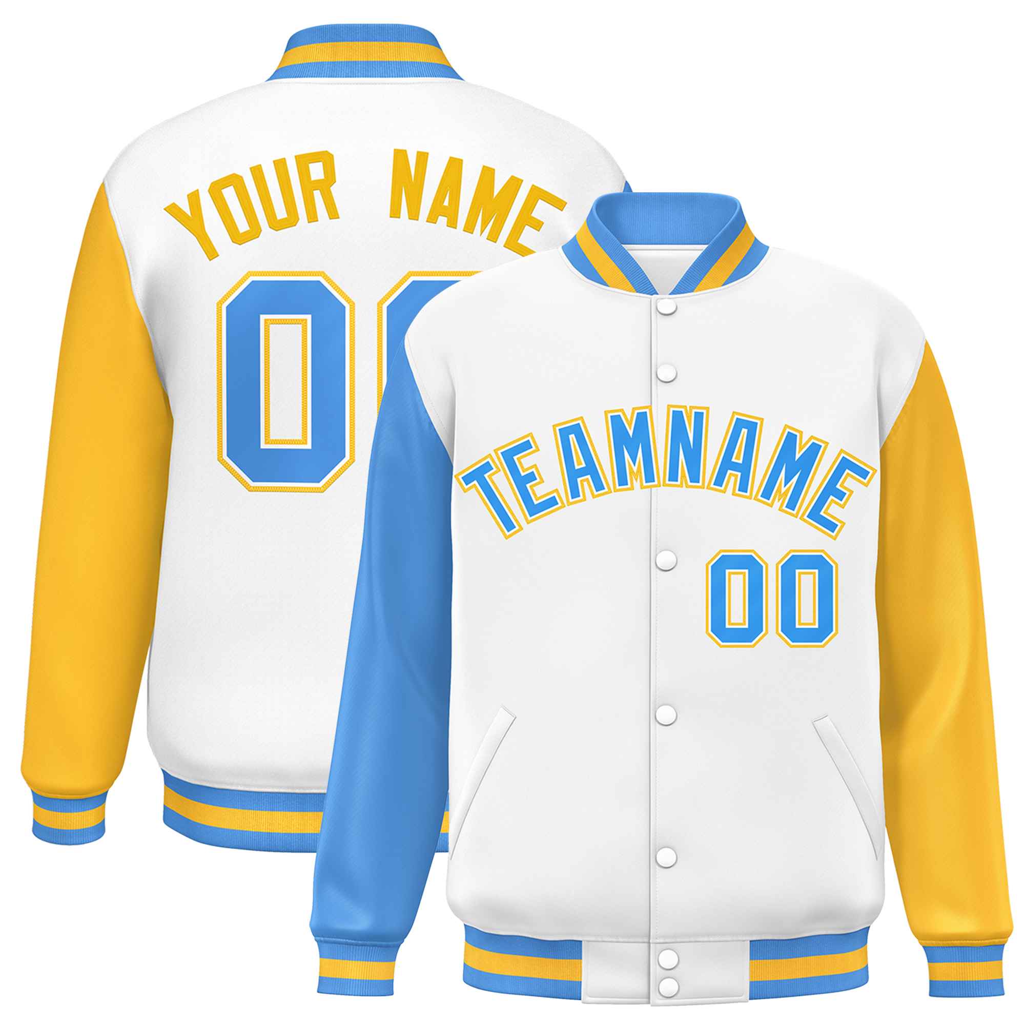 Custom White Powder Blue-Gold Varsity Full-Snap Raglan Sleeves Letterman Baseball Jacket