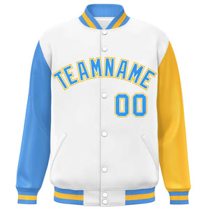 Custom White Powder Blue-Gold Varsity Full-Snap Raglan Sleeves Letterman Baseball Jacket