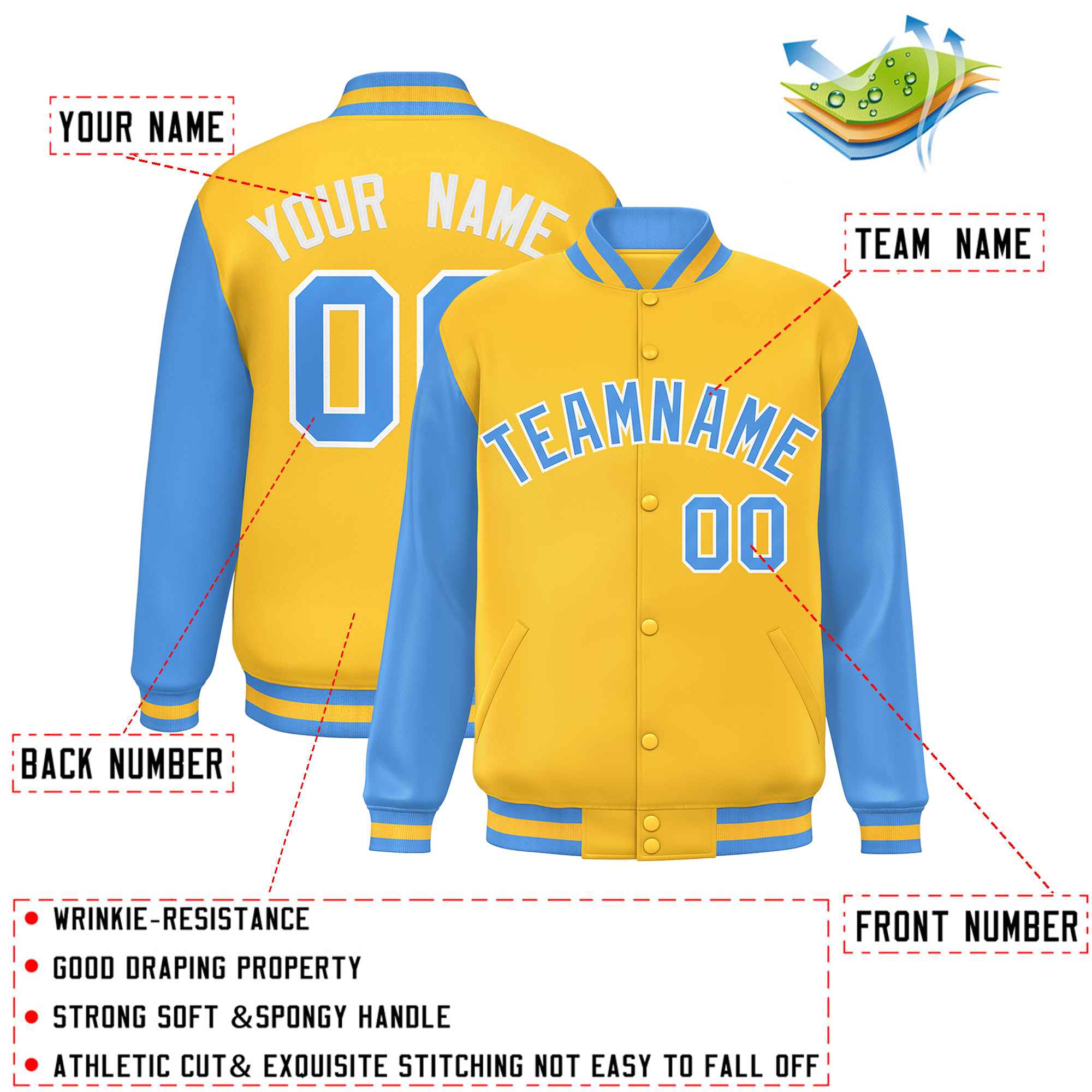 Custom Gold Powder Blue Varsity Full-Snap Raglan Sleeves Letterman Baseball Jacket