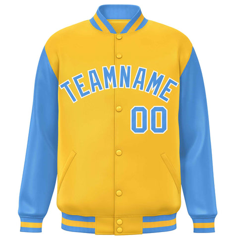 Custom Gold Powder Blue Varsity Full-Snap Raglan Sleeves Letterman Baseball Jacket