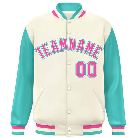 Custom Cream Aqua-Pink Varsity Full-Snap Raglan Sleeves Letterman Baseball Jacket