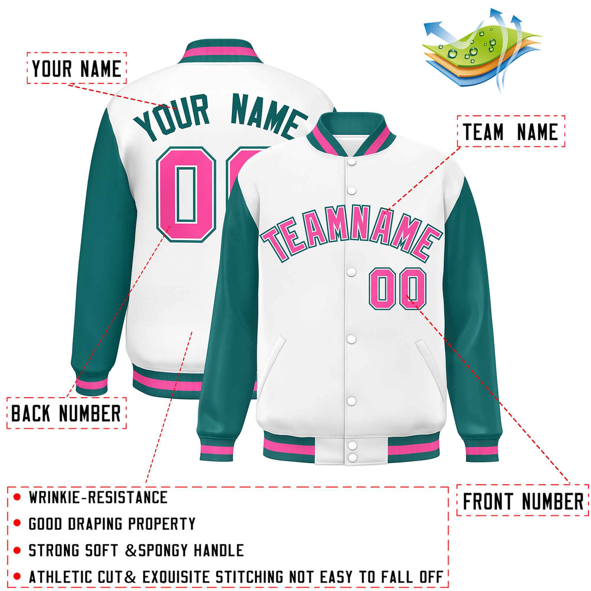 Custom White Aqua-Pink Varsity Full-Snap Raglan Sleeves Letterman Baseball Jacket