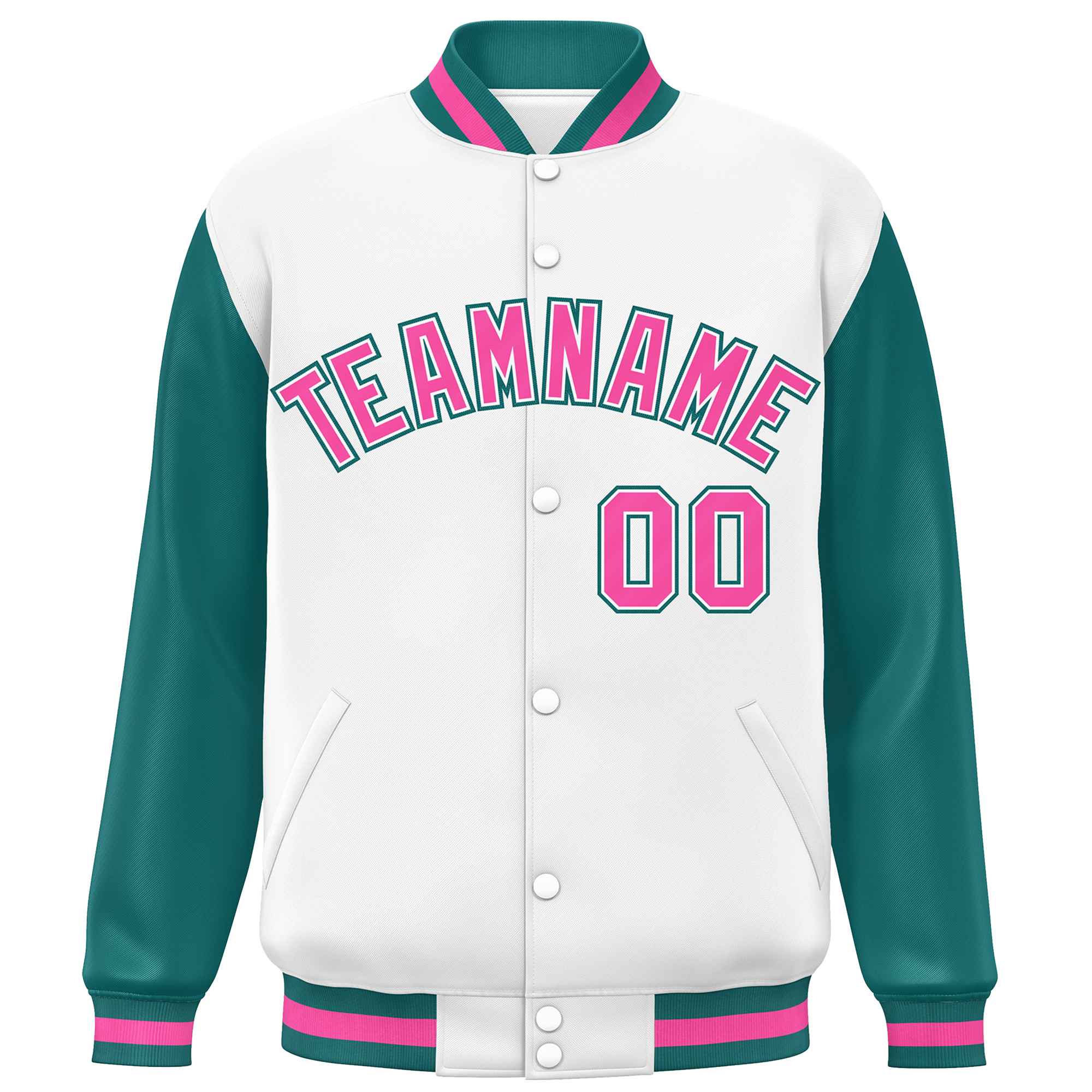 Custom White Aqua-Pink Varsity Full-Snap Raglan Sleeves Letterman Baseball Jacket