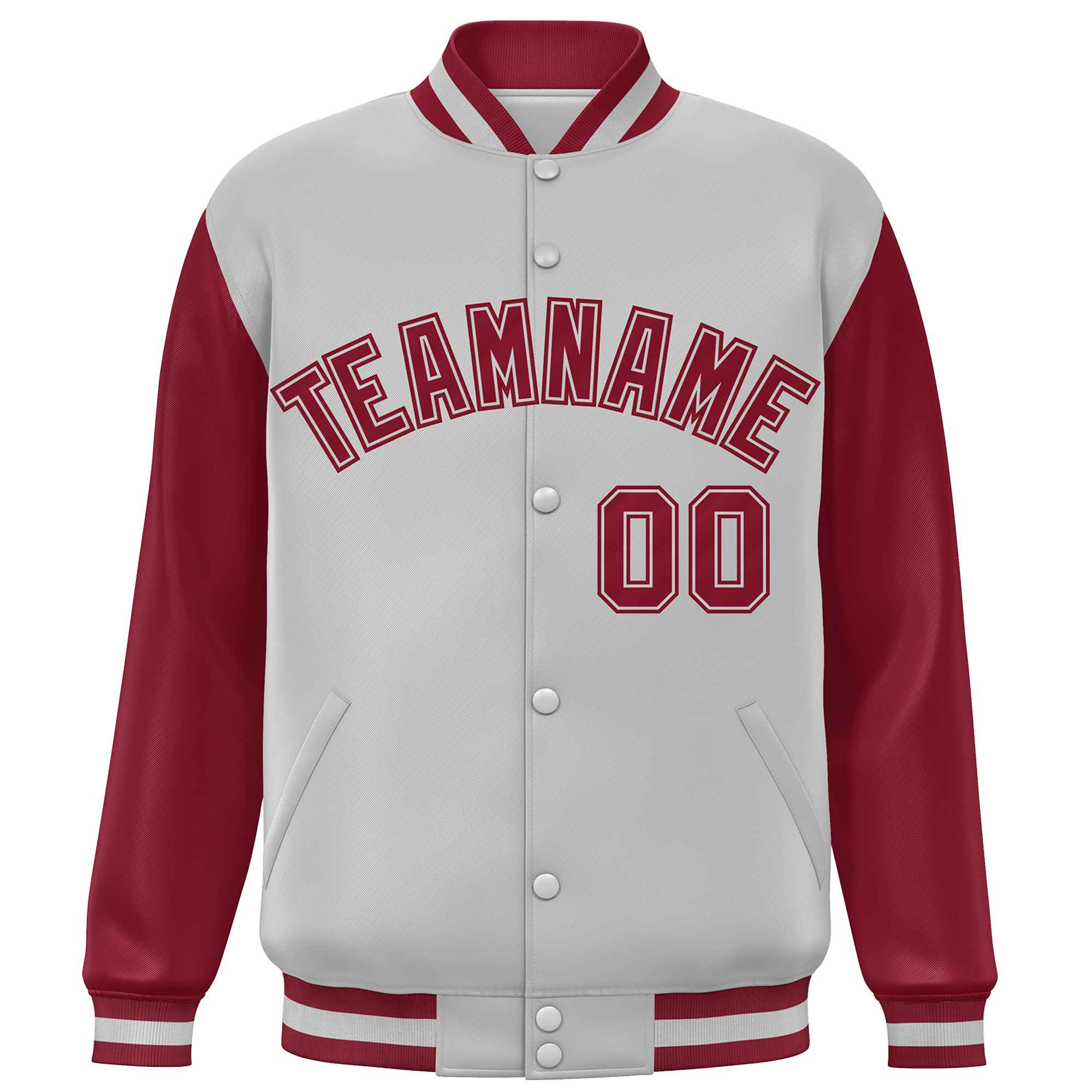 Custom Light Gray Crimson Varsity Full-Snap Raglan Sleeves Letterman Baseball Jacket