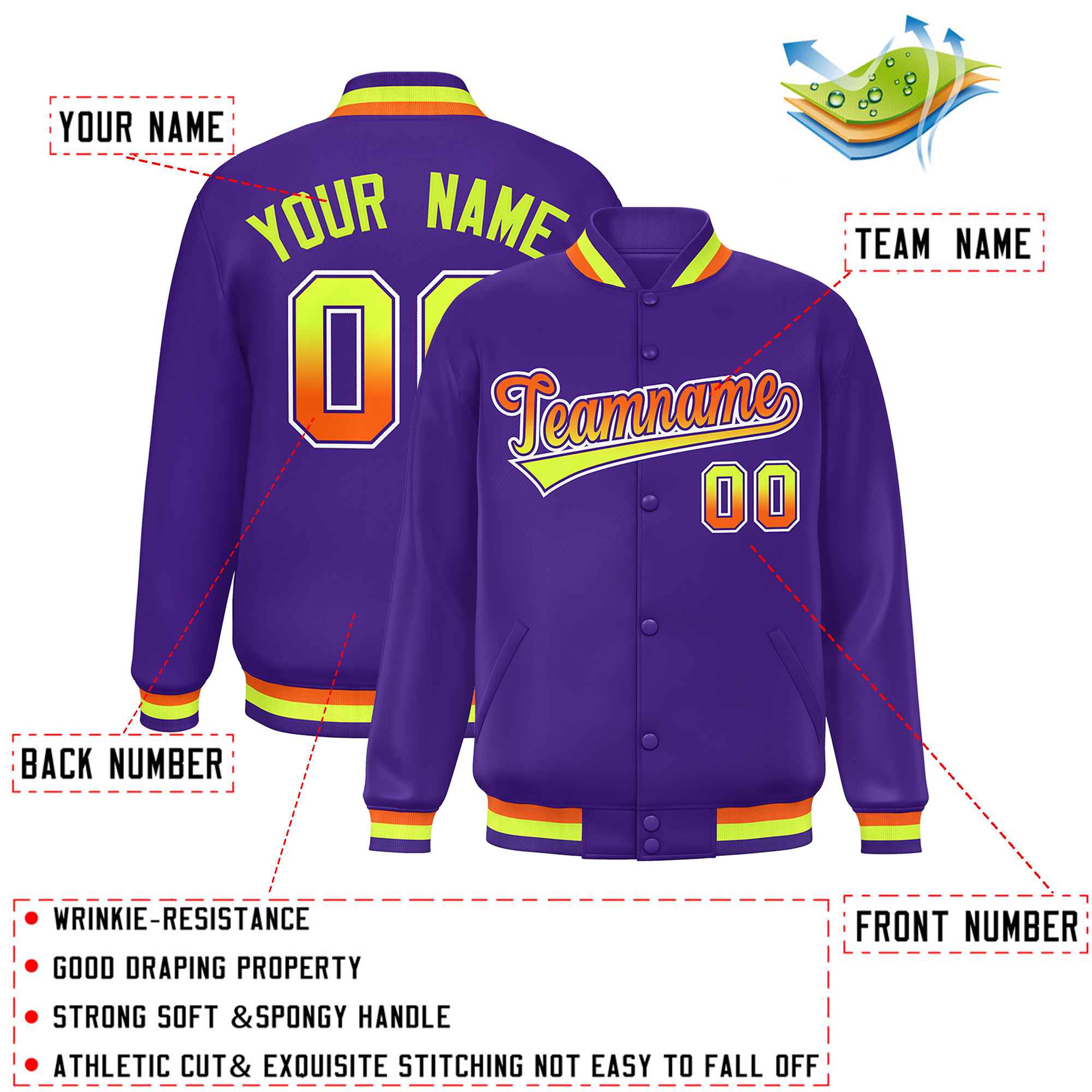 Custom Purple Varsity Full-Snap Gradient Font Letterman Baseball Jacket