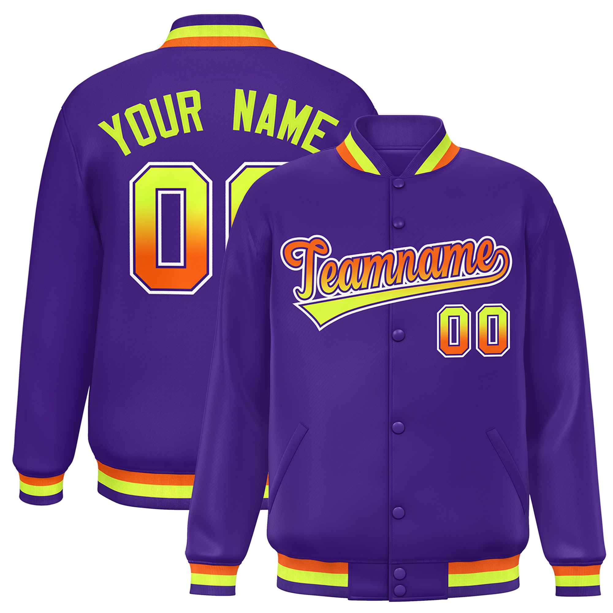 Custom Purple Varsity Full-Snap Gradient Font Letterman Baseball Jacket