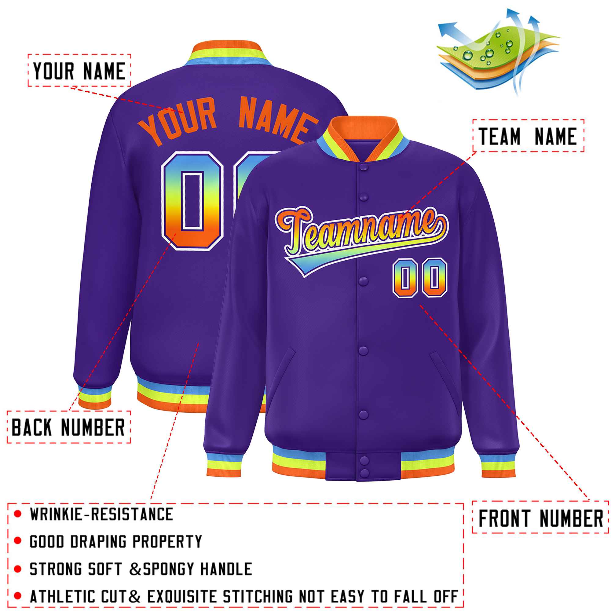 Custom Purple Varsity Full-Snap Gradient Font Letterman Baseball Jacket