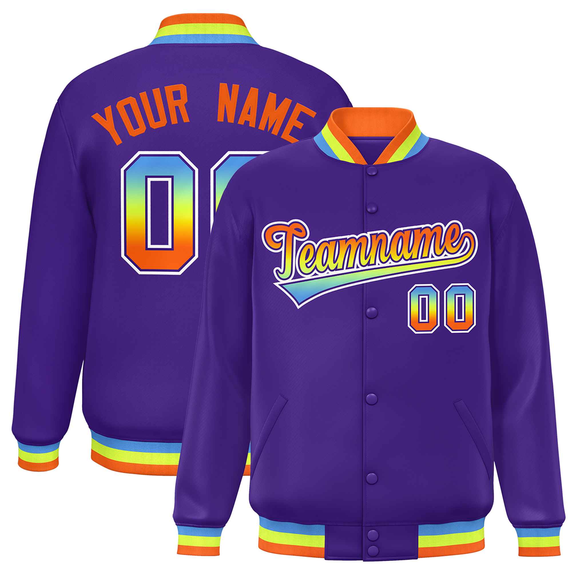 Custom Purple Varsity Full-Snap Gradient Font Letterman Baseball Jacket