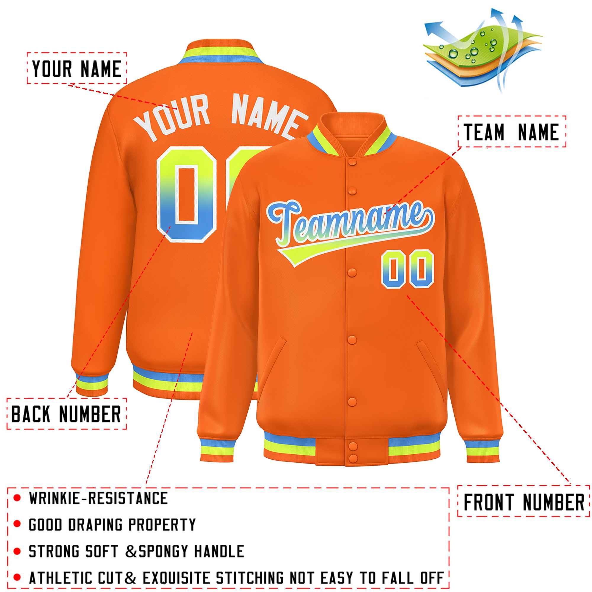 Custom Orange Varsity Full-Snap Gradient Font Letterman Baseball Jacket