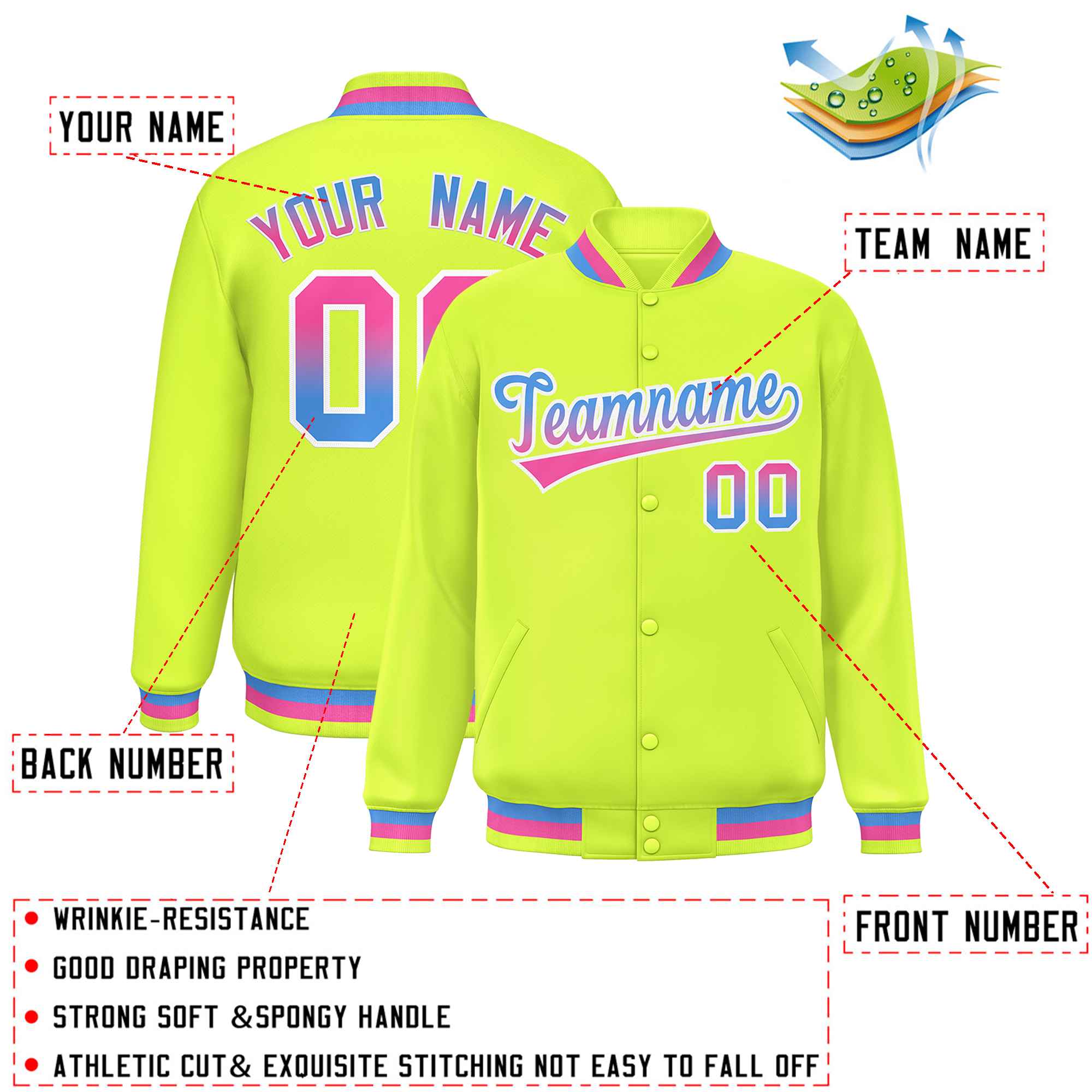 Custom Neon Green Varsity Full-Snap Gradient Font Letterman Baseball Jacket