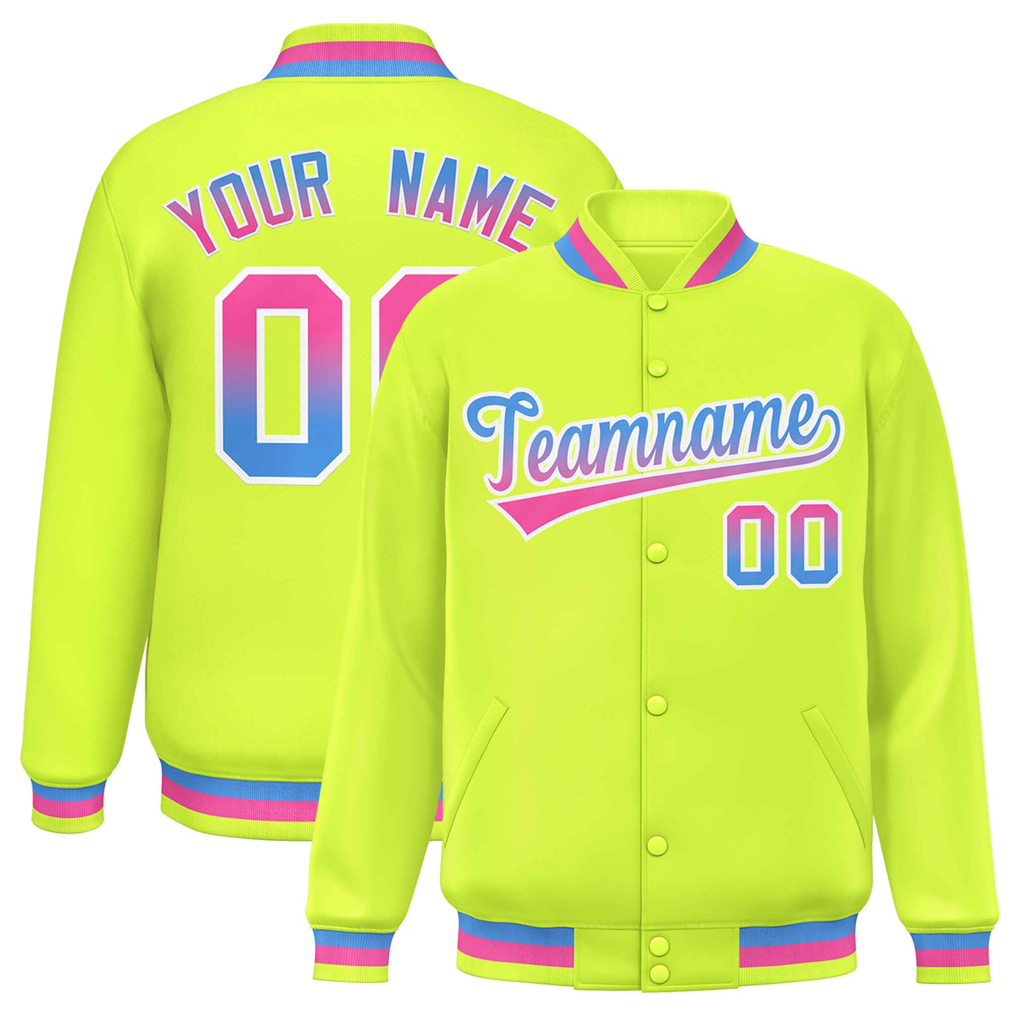 Custom Neon Green Varsity Full-Snap Gradient Font Letterman Baseball Jacket