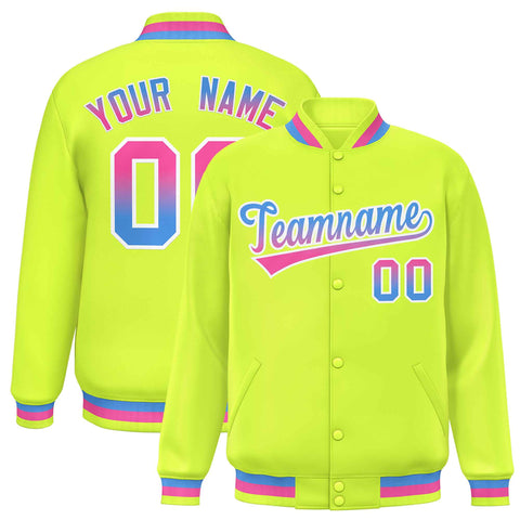 Custom Neon Green Varsity Full-Snap Gradient Font Letterman Baseball Jacket