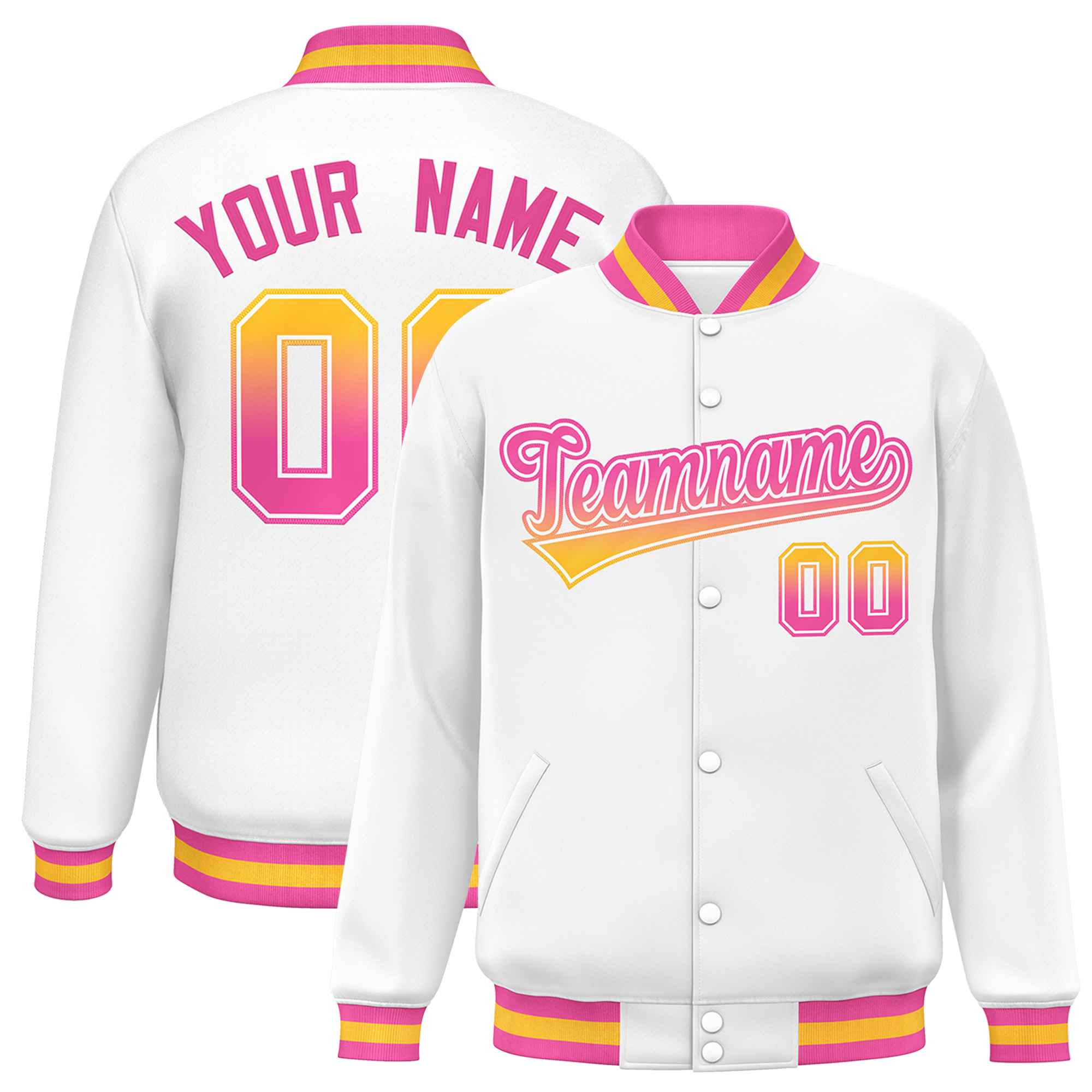 Custom White Varsity Full-Snap Gradient Font Letterman Baseball Jacket