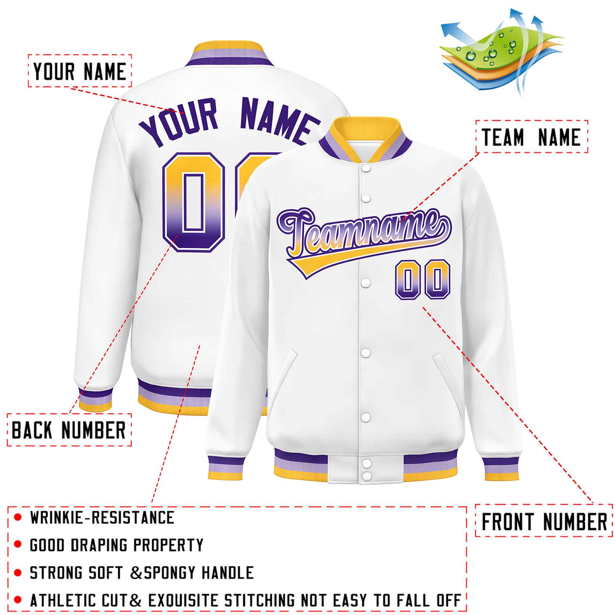 Custom White Varsity Full-Snap Gradient Font Letterman Baseball Jacket