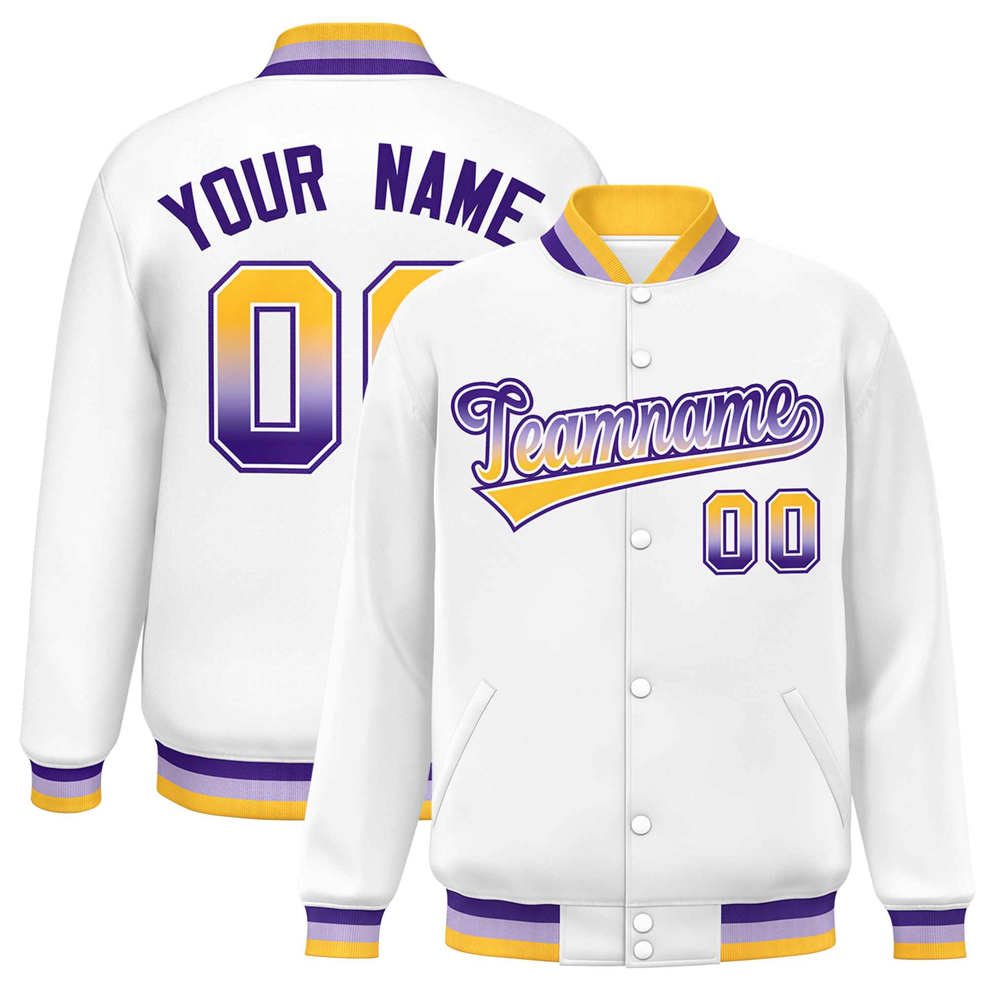 Custom White Varsity Full-Snap Gradient Font Letterman Baseball Jacket