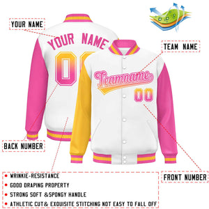 Custom White Gold-Pink Varsity Full-Snap Raglan Sleeves Letterman Baseball Jacket