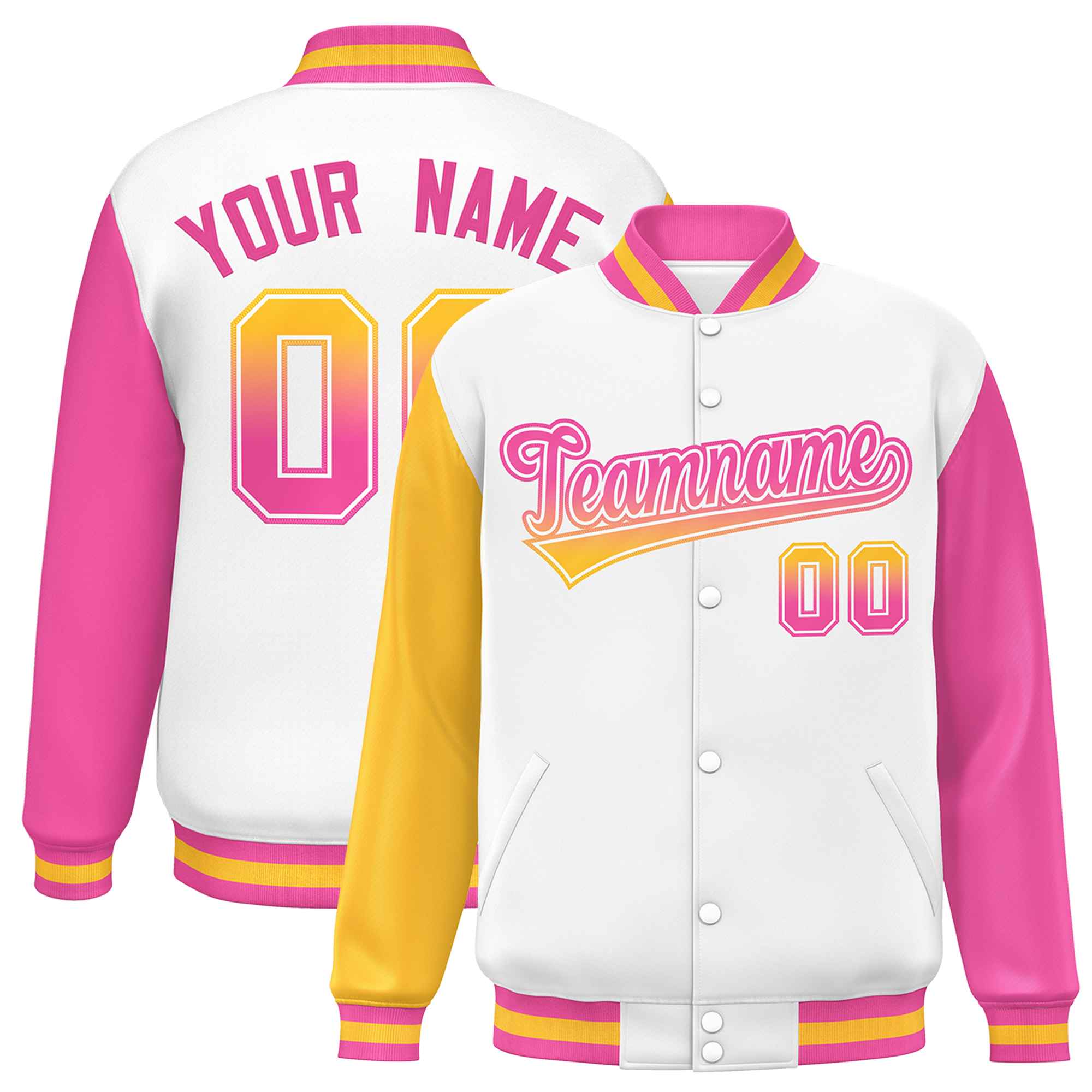 Custom White Gold-Pink Varsity Full-Snap Raglan Sleeves Letterman Baseball Jacket