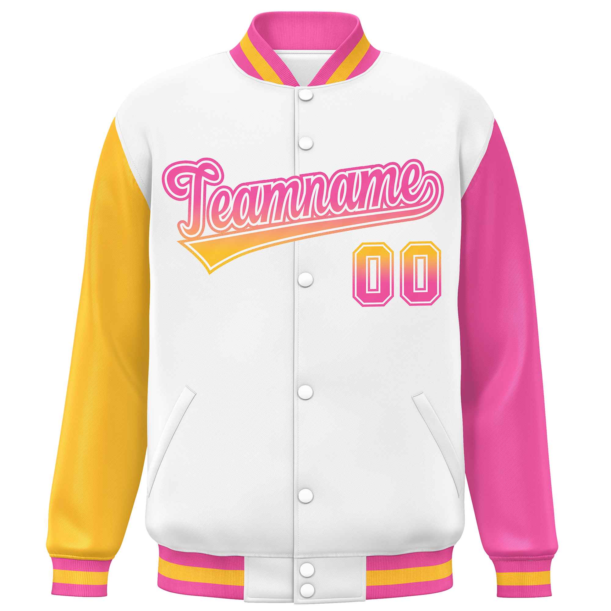 Custom White Gold-Pink Varsity Full-Snap Raglan Sleeves Letterman Baseball Jacket