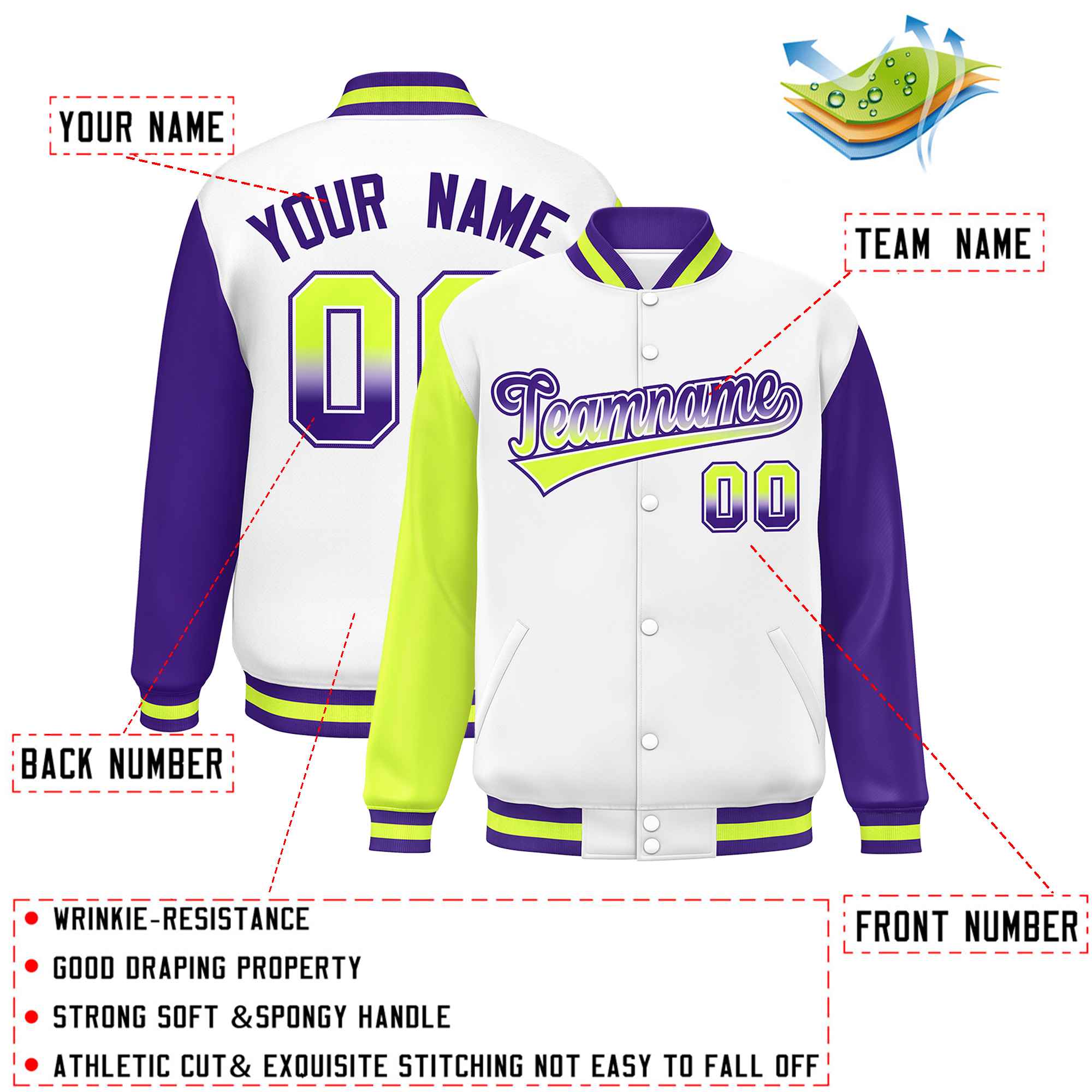 Custom White Neon Green-Purple Varsity Full-Snap Raglan Sleeves Letterman Baseball Jacket