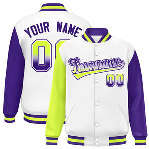 Custom White Neon Green-Purple Varsity Full-Snap Raglan Sleeves Letterman Baseball Jacket