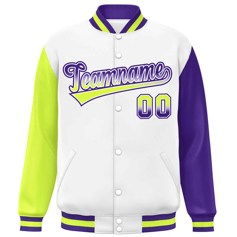 Custom White Neon Green-Purple Varsity Full-Snap Raglan Sleeves Letterman Baseball Jacket